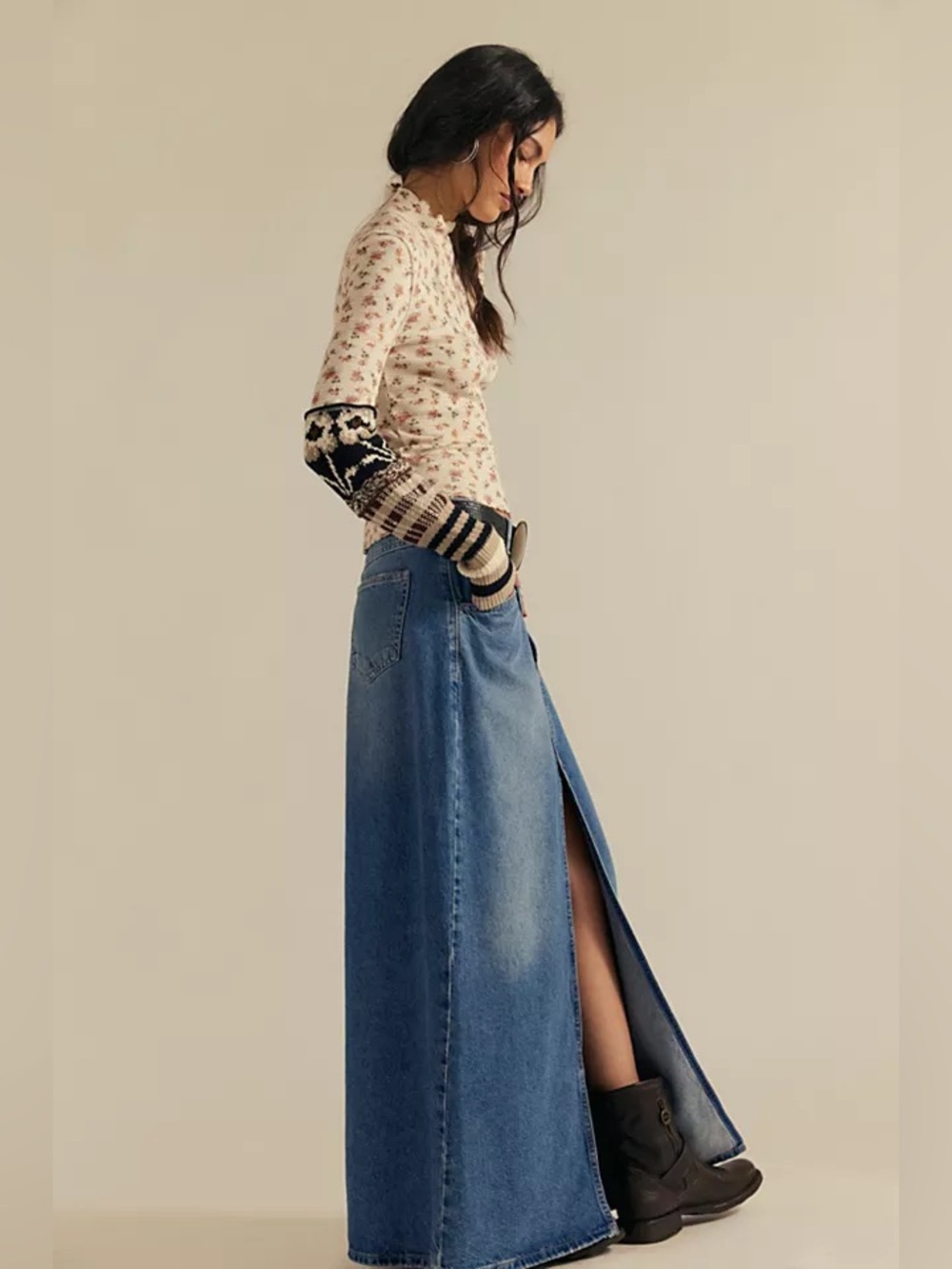 FP WE THE FREE Come As You Are Denim Maxi Skirt Sapphire Blue With Slit 2